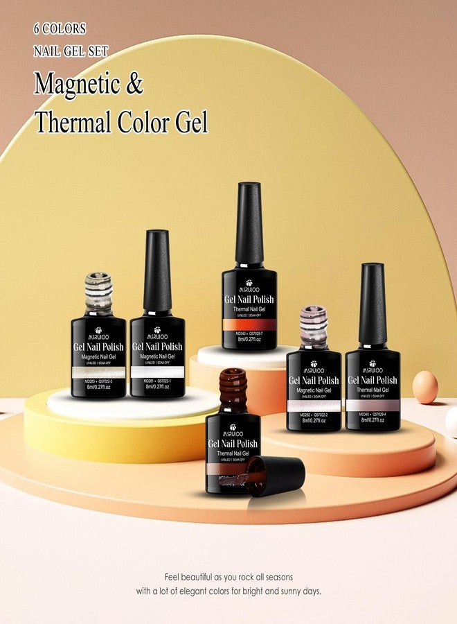 MSRUIOO 6 Colors Gel Nail Polish Kit Winter Nude Brown Grey Pink Red Color Changing Gel Polish Set Cat Eye Thermal Gel Nail Polish Soak Off Gel Nail Kit Manicure DIY Nail Art Salon Home Gift - Image 4