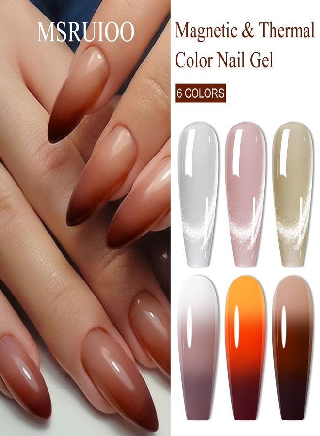 MSRUIOO 6 Colors Gel Nail Polish Kit Winter Nude Brown Grey Pink Red Color Changing Gel Polish Set Cat Eye Thermal Gel Nail Polish Soak Off Gel Nail Kit Manicure DIY Nail Art Salon Home Gift - Image 3