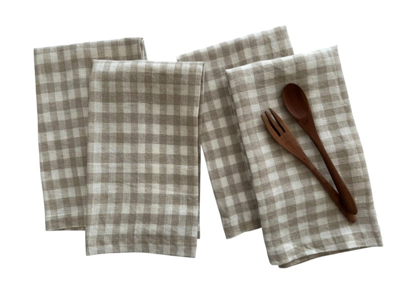 Linen Napkins Stonewashed Pure Linen Cloth Dinner Napkins Created from French Flax Mitered Corners Set of 4 Natural Check