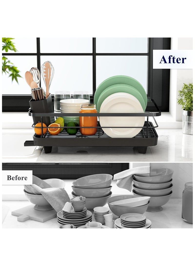 HIAS Stainless Steel Dish Drying Rack with Drainboard & Utensil Holder - Large Capacity, Rustproof Kitchen Counter Organizer with Swivel Spout & Removable Tray (Black) - Image 5