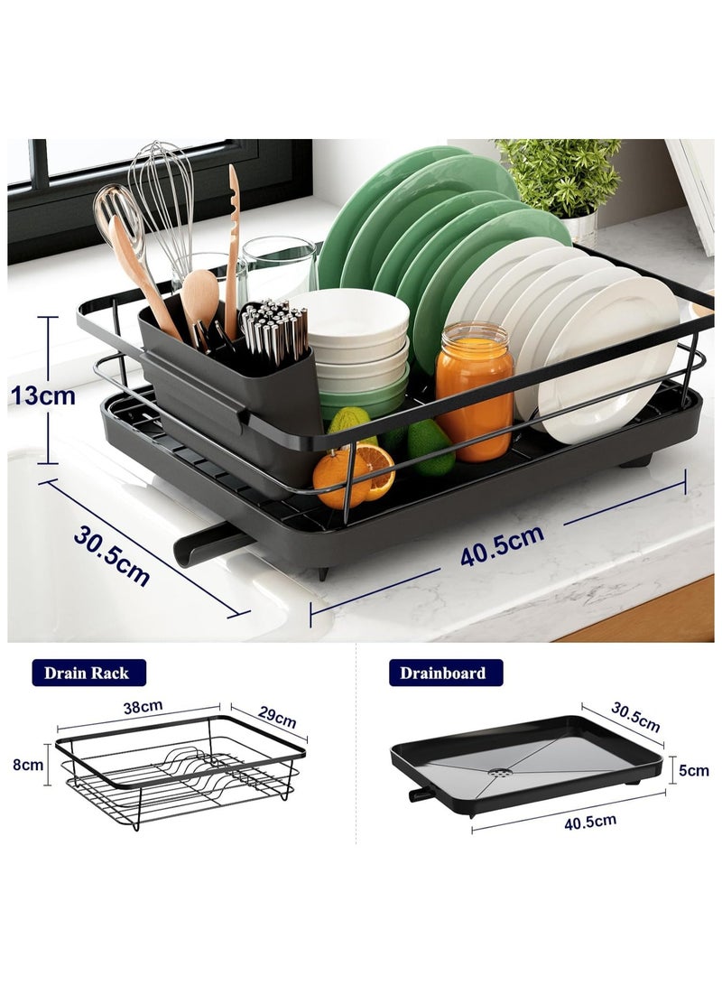 HIAS Stainless Steel Dish Drying Rack with Drainboard & Utensil Holder - Large Capacity, Rustproof Kitchen Counter Organizer with Swivel Spout & Removable Tray (Black) - Image 2