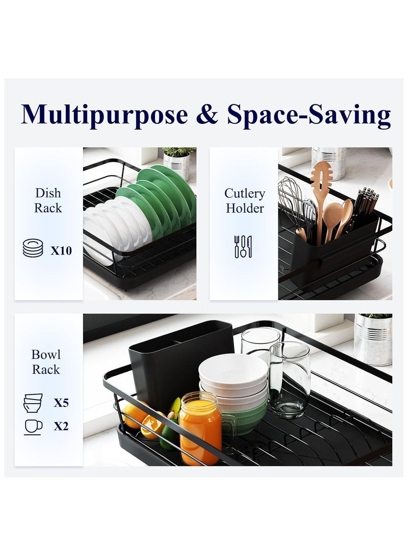 HIAS Stainless Steel Dish Drying Rack with Drainboard & Utensil Holder - Large Capacity, Rustproof Kitchen Counter Organizer with Swivel Spout & Removable Tray (Black) - Image 3