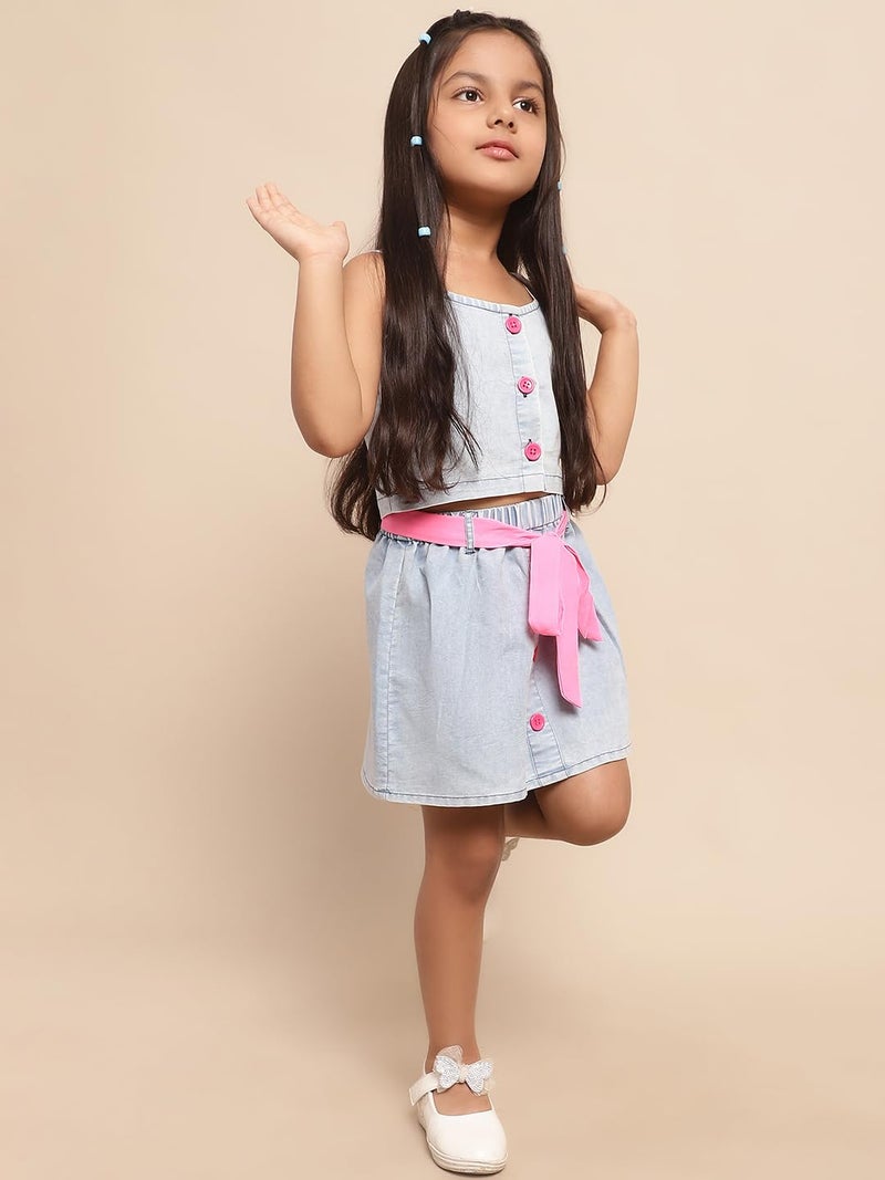 superminis Girls Denim Top And Skirt Co-ord Set Dress With Pink Color Belt (4-5 Years, Blue) - Image 4