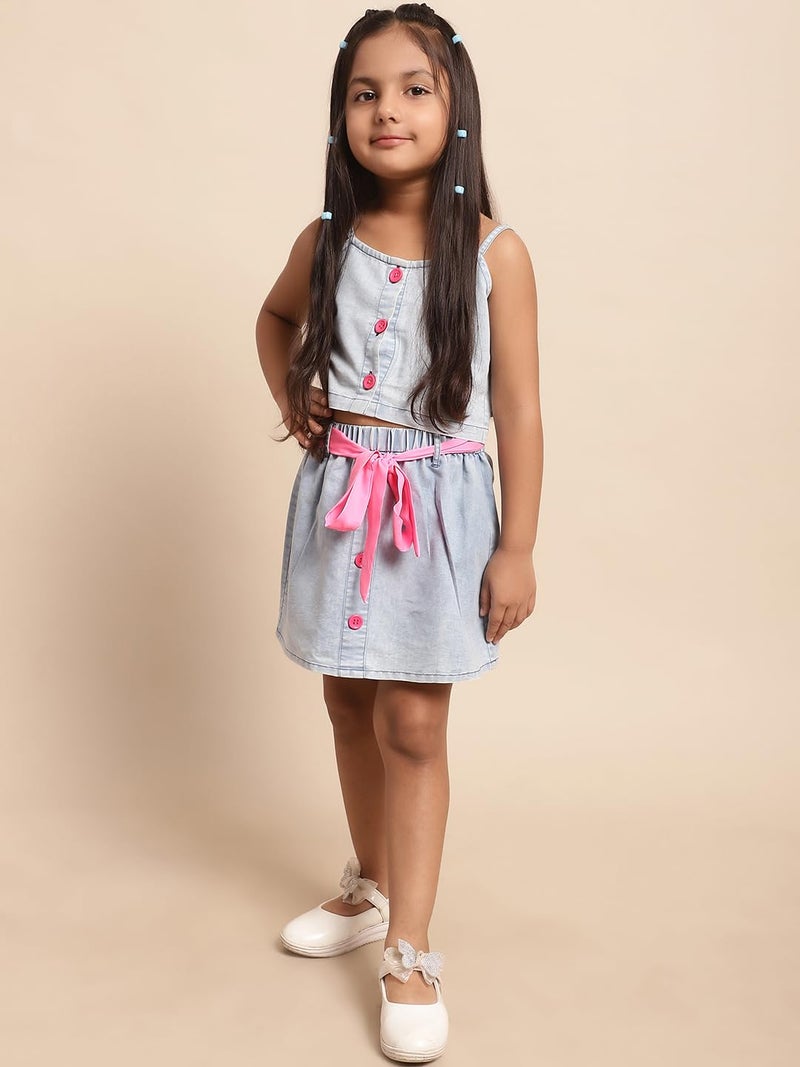 superminis Girls Denim Top And Skirt Co-ord Set Dress With Pink Color Belt (4-5 Years, Blue) - Image 2