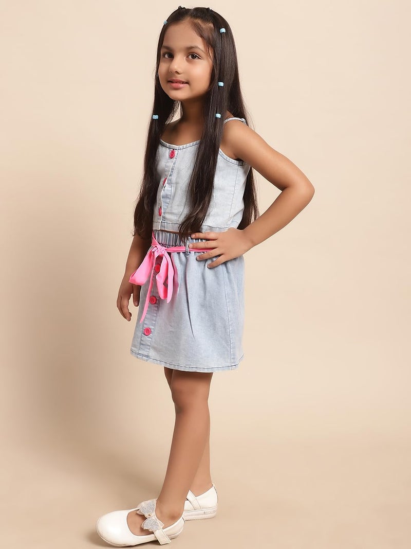 superminis Girls Denim Top And Skirt Co-ord Set Dress With Pink Color Belt (4-5 Years, Blue) - Image 5