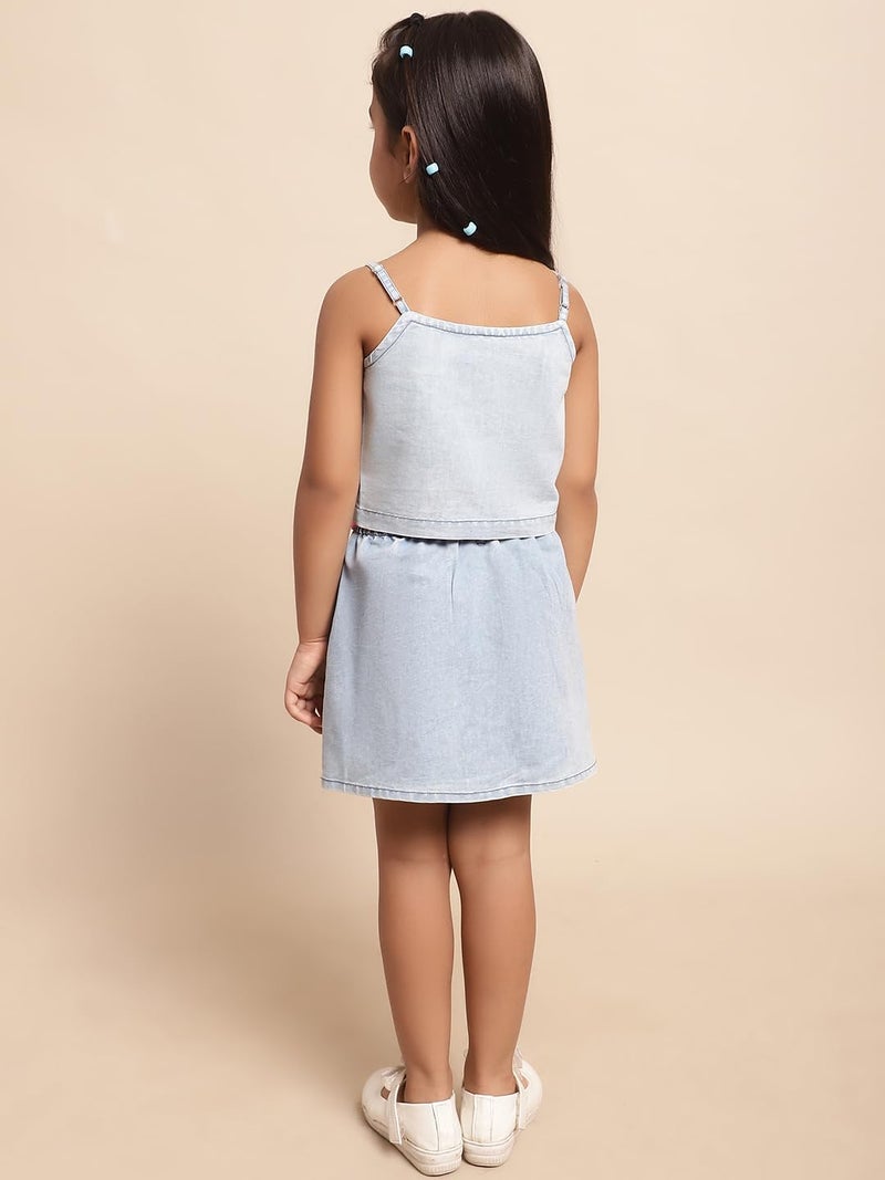 superminis Girls Denim Top And Skirt Co-ord Set Dress With Pink Color Belt (4-5 Years, Blue) - Image 3