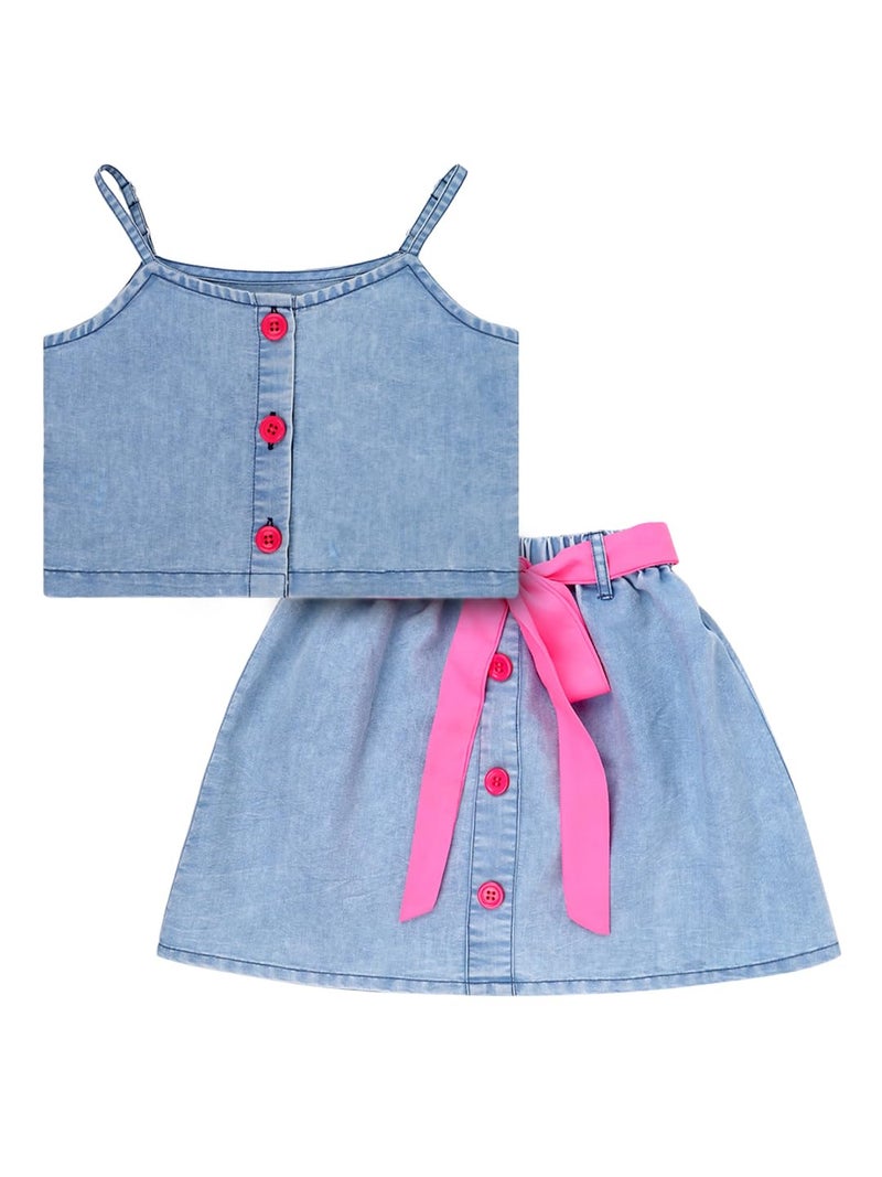 superminis Girls Denim Top And Skirt Co-ord Set Dress With Pink Color Belt (4-5 Years, Blue) - Image 1