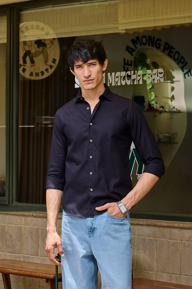 سنيتش Navy Textured Long Sleeve Slim Fit Shirt