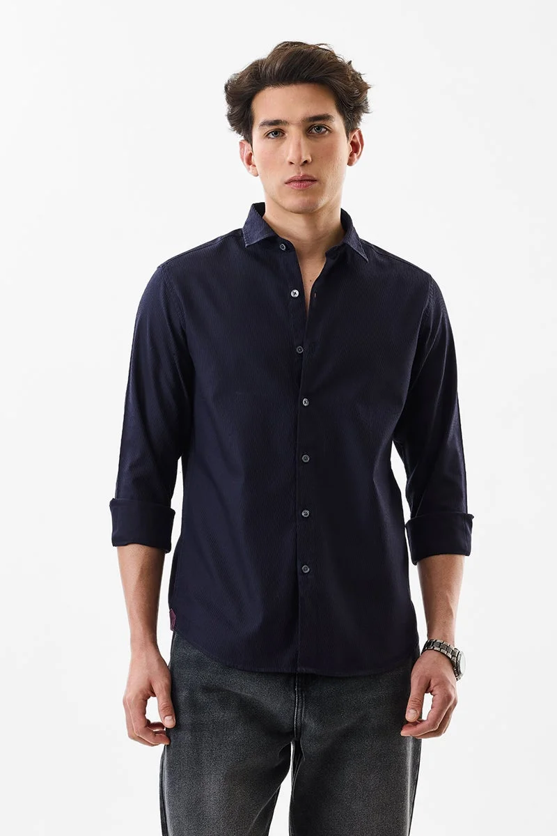 سنيتش Navy Textured Long Sleeve Slim Fit Shirt