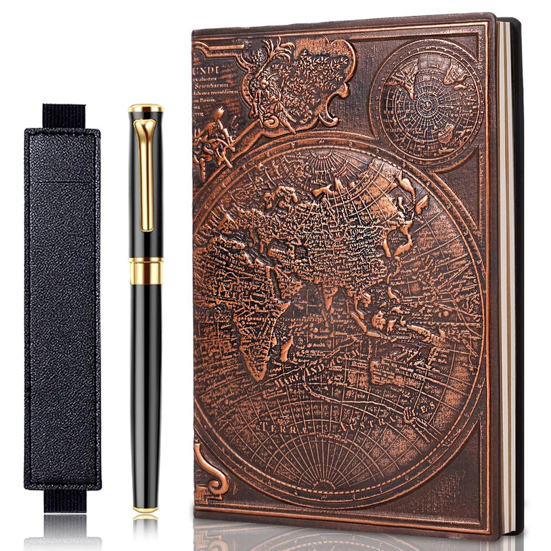 Feidiao Vintage Map Embossed Leather Notebook Travel Journal A5 Writing Journal Diary Notebook  Antique Handmade Lined Hardcover With Black Ballpoint Pen And Pen Sleeve Writing Gift(Red Copper) - Image 1