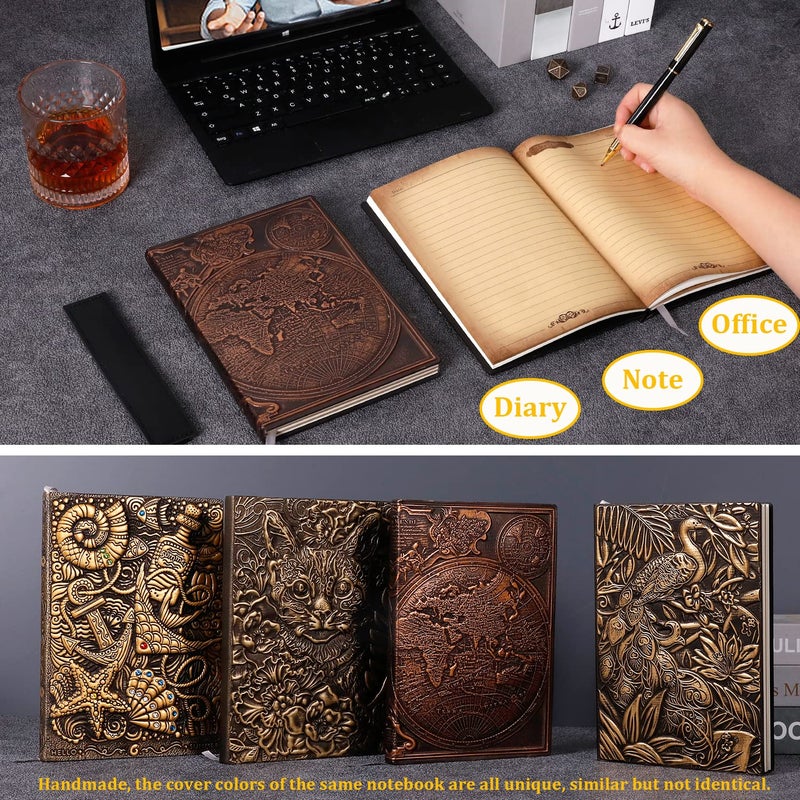 Feidiao Vintage Map Embossed Leather Notebook Travel Journal A5 Writing Journal Diary Notebook  Antique Handmade Lined Hardcover With Black Ballpoint Pen And Pen Sleeve Writing Gift(Red Copper) - Image 3