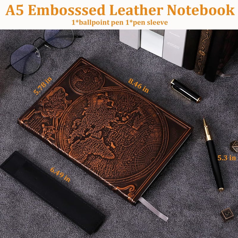 Feidiao Vintage Map Embossed Leather Notebook Travel Journal A5 Writing Journal Diary Notebook  Antique Handmade Lined Hardcover With Black Ballpoint Pen And Pen Sleeve Writing Gift(Red Copper) - Image 5