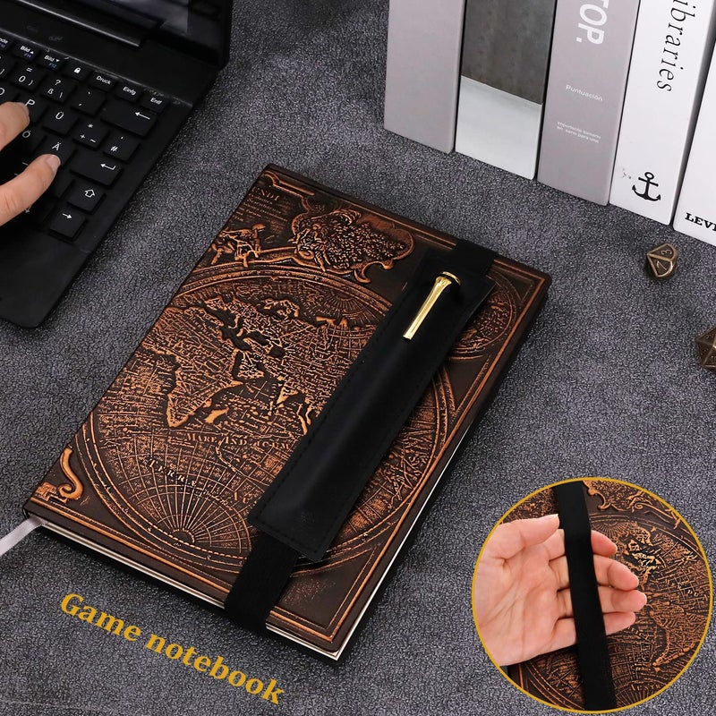 Feidiao Vintage Map Embossed Leather Notebook Travel Journal A5 Writing Journal Diary Notebook  Antique Handmade Lined Hardcover With Black Ballpoint Pen And Pen Sleeve Writing Gift(Red Copper) - Image 2