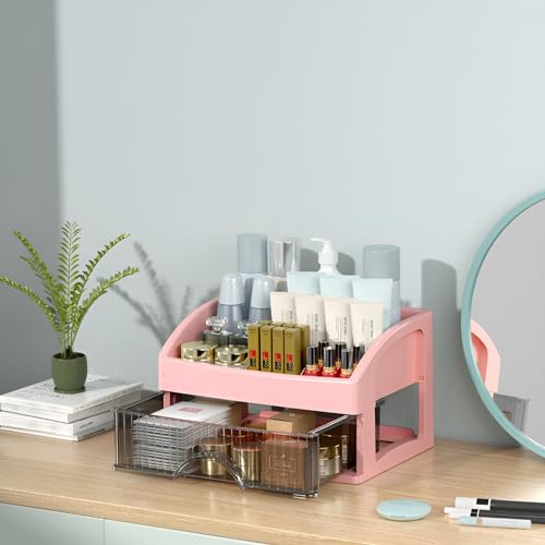 KREPS Countertop Makeup Organizer with Drawers Plastic Storage for Makeup Brush,Hair Accessories,Jewelry,Skincare Vanity Display Cases, Skin Care Products, Office Desk Organizer (1 Layer, Pink) - Image 2