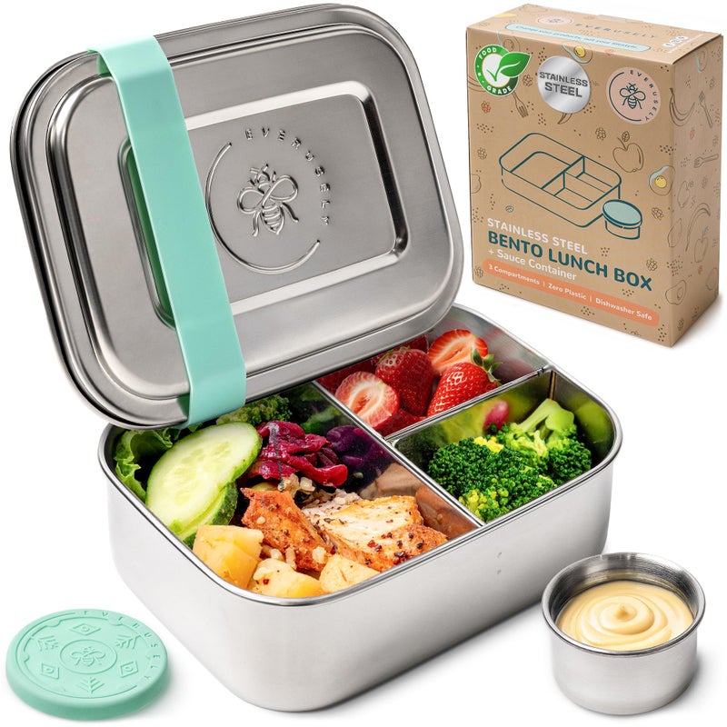 Everusely - Bento Box - Green, 27oz / 0.8 L - Stainless Steel Lunch Box with Leakproof Condiment Container - 3 Compartment Snack Organizer for On the Go Meals - Freezer & Dishwasher Safe - Image 1
