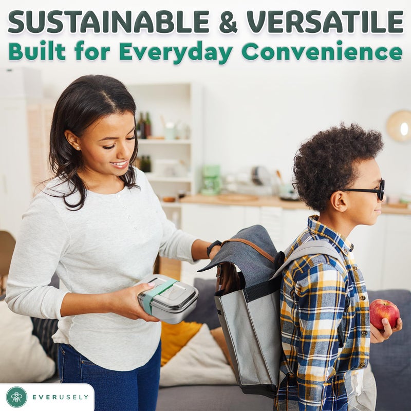 Everusely - Bento Box - Green, 27oz / 0.8 L - Stainless Steel Lunch Box with Leakproof Condiment Container - 3 Compartment Snack Organizer for On the Go Meals - Freezer & Dishwasher Safe - Image 3