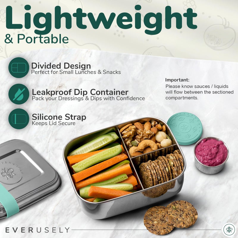 Everusely - Bento Box - Green, 27oz / 0.8 L - Stainless Steel Lunch Box with Leakproof Condiment Container - 3 Compartment Snack Organizer for On the Go Meals - Freezer & Dishwasher Safe - Image 4