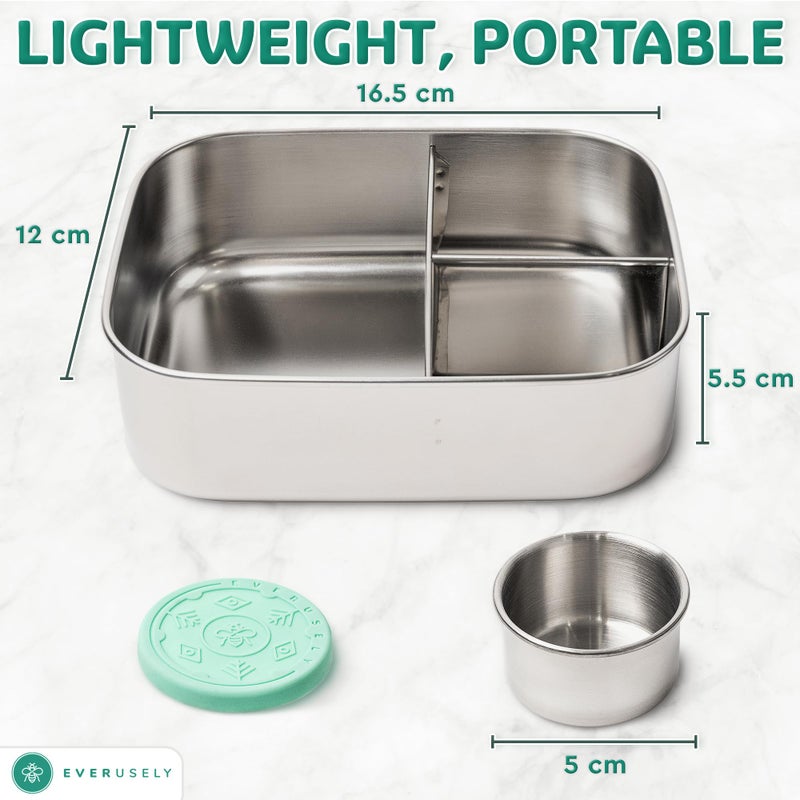 Everusely - Bento Box - Green, 27oz / 0.8 L - Stainless Steel Lunch Box with Leakproof Condiment Container - 3 Compartment Snack Organizer for On the Go Meals - Freezer & Dishwasher Safe - Image 2