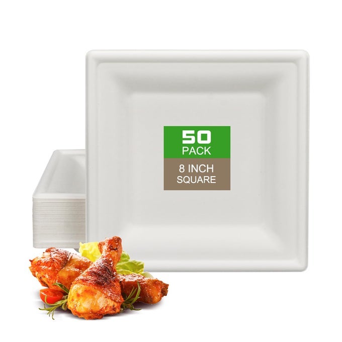 8 INCH SQUARE DISPOSABLE PAPER PLATES 50 PACK COMPOSTABLE BIODEGRADED PLATES PAPER BAGASSE NATURAL APPETIZER HEAVY DUTY DINNER PLATTERS FOR PARTY BBQ PICNIC