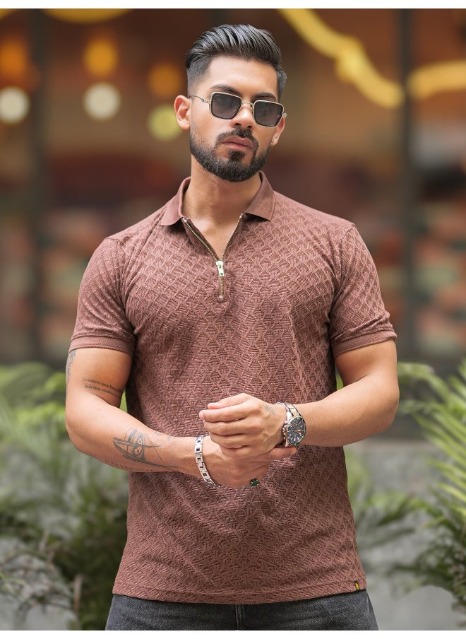 Maniac Maniac Men Kite Textured Polo Neck Half Sleeve Brown Cotton Slim Fit T-Shirt  - Image 3