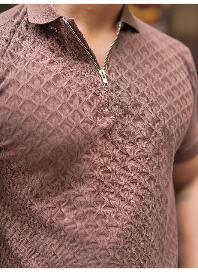 Maniac Maniac Men Kite Textured Polo Neck Half Sleeve Brown Cotton Slim Fit T-Shirt  - Image 5