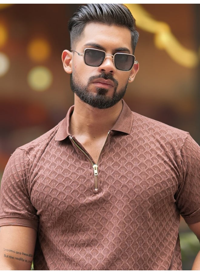 Maniac Maniac Men Kite Textured Polo Neck Half Sleeve Brown Cotton Slim Fit T-Shirt  - Image 1