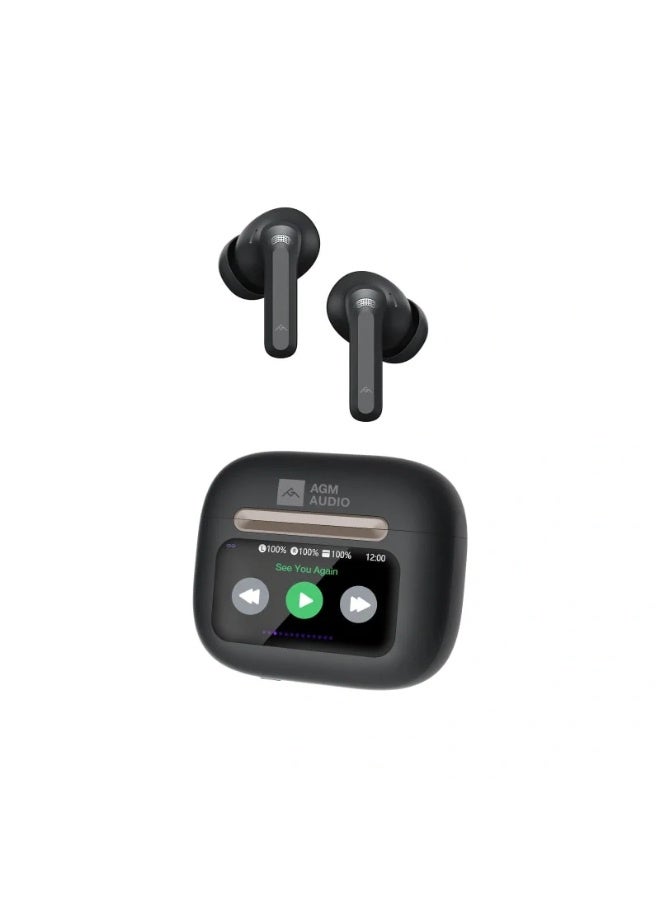 AGM Buds 9 Smart Earbuds- Black, Touch Enabled Display Case, 13mm Full Range Sound, Deep Bass and Clear Highs, 25dB ANC Noise Cancellation, Transparency Mode, IPX4 Water Resistant, Long Battery Life, Android and iOS - Image 1