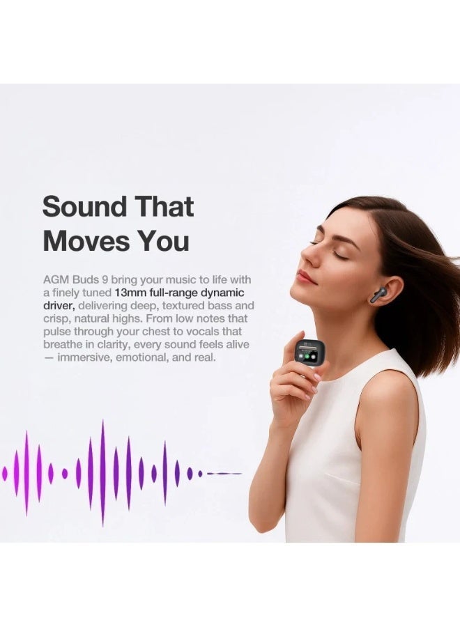 AGM Buds 9 Smart Earbuds- Black, Touch Enabled Display Case, 13mm Full Range Sound, Deep Bass and Clear Highs, 25dB ANC Noise Cancellation, Transparency Mode, IPX4 Water Resistant, Long Battery Life, Android and iOS - Image 4