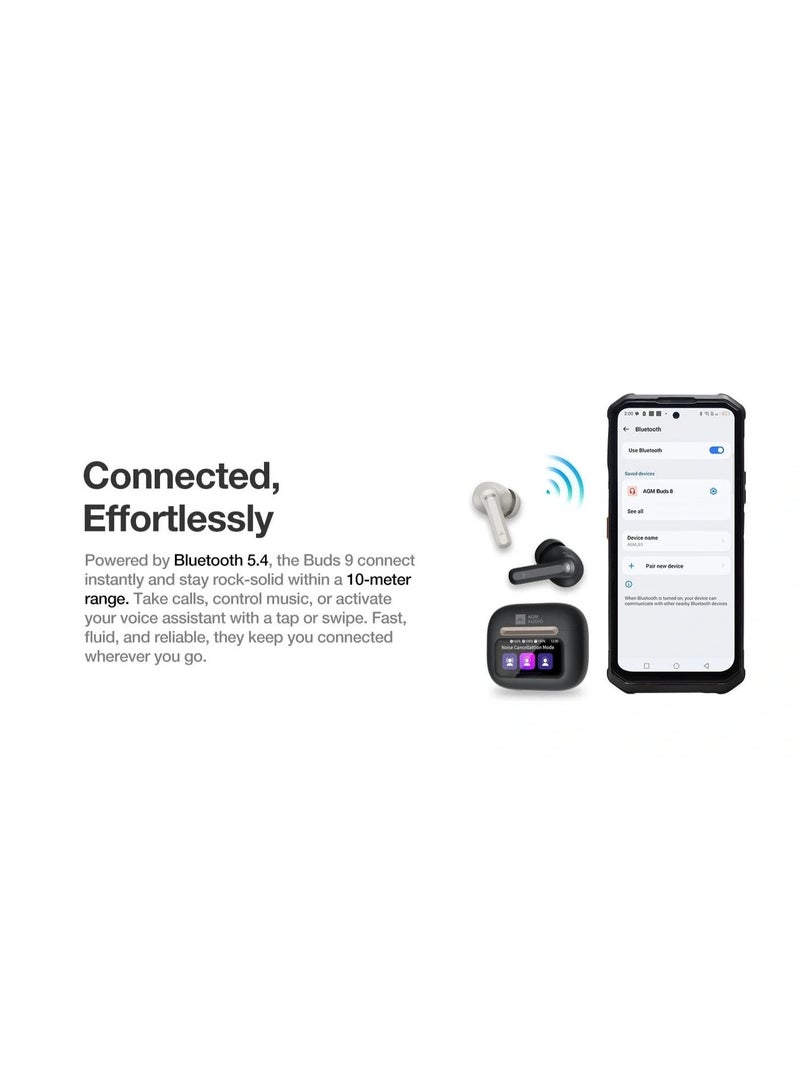 AGM Buds 9 Smart Earbuds- Black, Touch Enabled Display Case, 13mm Full Range Sound, Deep Bass and Clear Highs, 25dB ANC Noise Cancellation, Transparency Mode, IPX4 Water Resistant, Long Battery Life, Android and iOS - Image 2