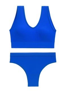Loquat Women's Solid Color Fitness Set 2-piece Seamless Wireless Bra+Low Waisted Thong Shorts Yoga Suit Blue 