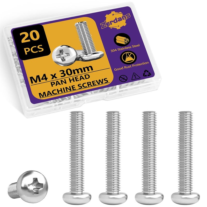 ZerDans M4 x 30mm Machine Screws, 20PCS Pan Head Machine Screws 304 Stainless Steel Metric Assortment, Truss Head Bolts, Full Thread, Phillips Drive for Furniture Repairs and 3D Printer - Image 1