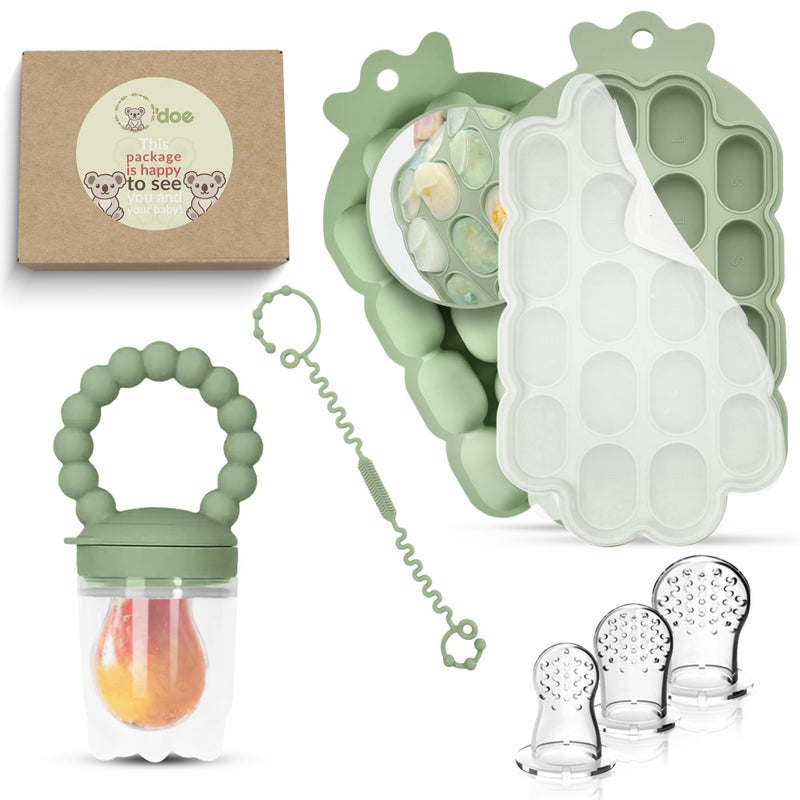 O'doe Oâ€™doe Silicone Baby Popsicle Molds & 1 Baby Food Feeders with 1 Clip, 1-Pack Freezer Tray with Lid, 18-Hole Popsicle Molds for Teething Relief, Includes 3 Extra Pacifiers, BPA Free - Image 1