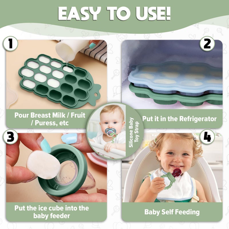 O'doe Oâ€™doe Silicone Baby Popsicle Molds & 1 Baby Food Feeders with 1 Clip, 1-Pack Freezer Tray with Lid, 18-Hole Popsicle Molds for Teething Relief, Includes 3 Extra Pacifiers, BPA Free - Image 3
