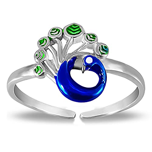 Parnika Colourful Peacock Enamel Adjustable Finger Ring in Pure 92.5 Sterling Silver for Kids & Girl (Peacock) - Image 3