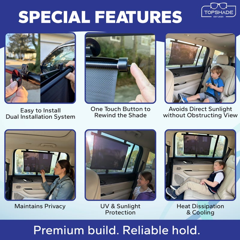 TopShade Car Window Roller Shade - Retractable Auto Side Window Sun Shade for Cars, Trucks, SUVs - UV Protection & Heat Blocker - Baby & Pet Safe - Easy Install (2 Pack, Medium, Black) - Image 3