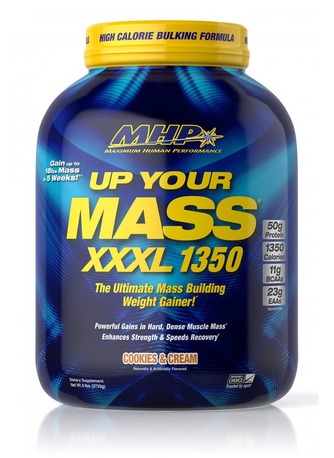 Maximum Human Performance Maximum Human Performance MHP UYM XXXL 1350 Mass Building Weight Gainer, Muscle Mass Gains, w/50g Protein, High Calories, 11g BCAAs, Leucine, Cookies & Cream, 8 Servings, 6lb 