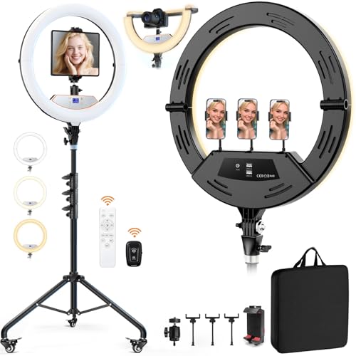 MACTREM 18" Foldable Ring Light with Stand for iPhone ipad Camera, 75" Tripod with Wheels 38W 6500K LED Display/Remote/2 USB Ports Large Big Ringlight Rolling for YouTube Facebook TikTok Live Video Recording - Image 1