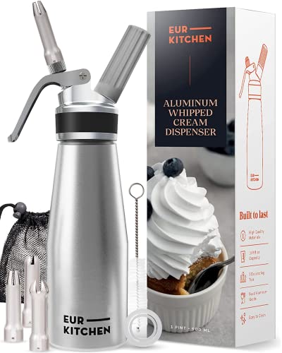 EurKitchen EurKitchen Professional Aluminum Whipped Cream Dispenser  LeakFree Whip Cream Maker Canister with 3 Decorating Nozzles  Cleaning Brush  1Pint  500 mL Cream Whipper  N2O Chargers Not Included 