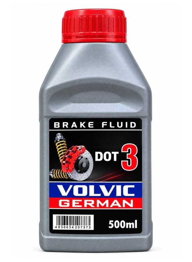 فولفيك سائل فرامل VOLVIC GERMAN DOT 3 سعة 500 مل، زيت فرامل هيدروليكي للسيارات والأنظمة المتوافقة، مصمم لدعم استجابة نظام الفرامل ونقل الضغط الهيدروليكي بكفاءة، مناسب للاستخدام في أنظمة الفرامل التي تتطلب DOT 3، عبوة 500 مل، صنع في الاتحاد الأوروبي - Image 1
