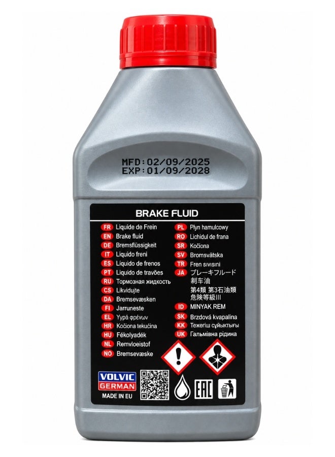فولفيك سائل فرامل VOLVIC GERMAN DOT 3 سعة 500 مل، زيت فرامل هيدروليكي للسيارات والأنظمة المتوافقة، مصمم لدعم استجابة نظام الفرامل ونقل الضغط الهيدروليكي بكفاءة، مناسب للاستخدام في أنظمة الفرامل التي تتطلب DOT 3، عبوة 500 مل، صنع في الاتحاد الأوروبي - Image 2