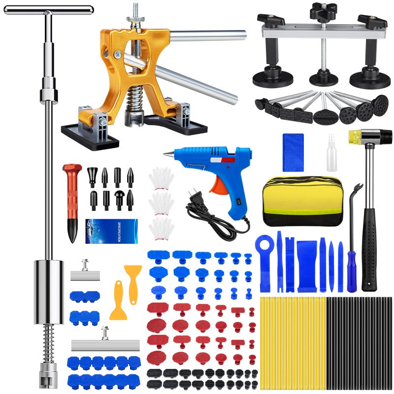 Dent Puller 134PCS Paintless Dent Removal Kit  Car Dent Puller Kit with Slide Hammer 2 in 1 TBar Golden Lifter Bridge PullerDent Remover Tool for Car Hail Dings Damage DIY Repair