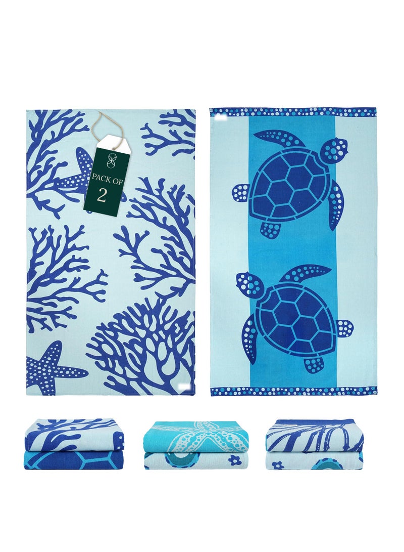 كلاود سكيب لينين Cotton Beach Towels Set- Pack of 2, 39x71 inches, Quick Dry and Highly Absorbent Towels,Turtle & Coral - Image 1