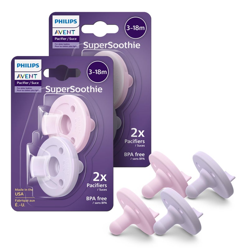 Philips Avent Soothie Orthodontic Baby Pacifiers 100 Silicone Pacifiers One Piece BPAFree for Babies 318 Months 2 Lilac and 2 Pink 4 Pack Model SCF19270