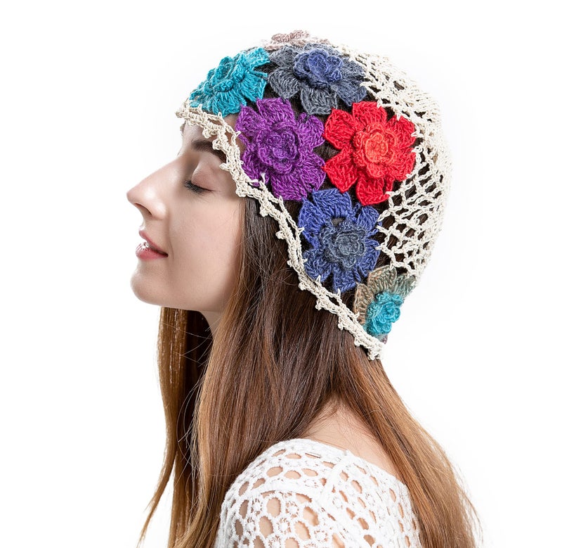 ZLYC Women Cotton Crochet Skull Cap Handmade Knit Cutout Floral Beanie Hat (Flowers Beige) - Image 3