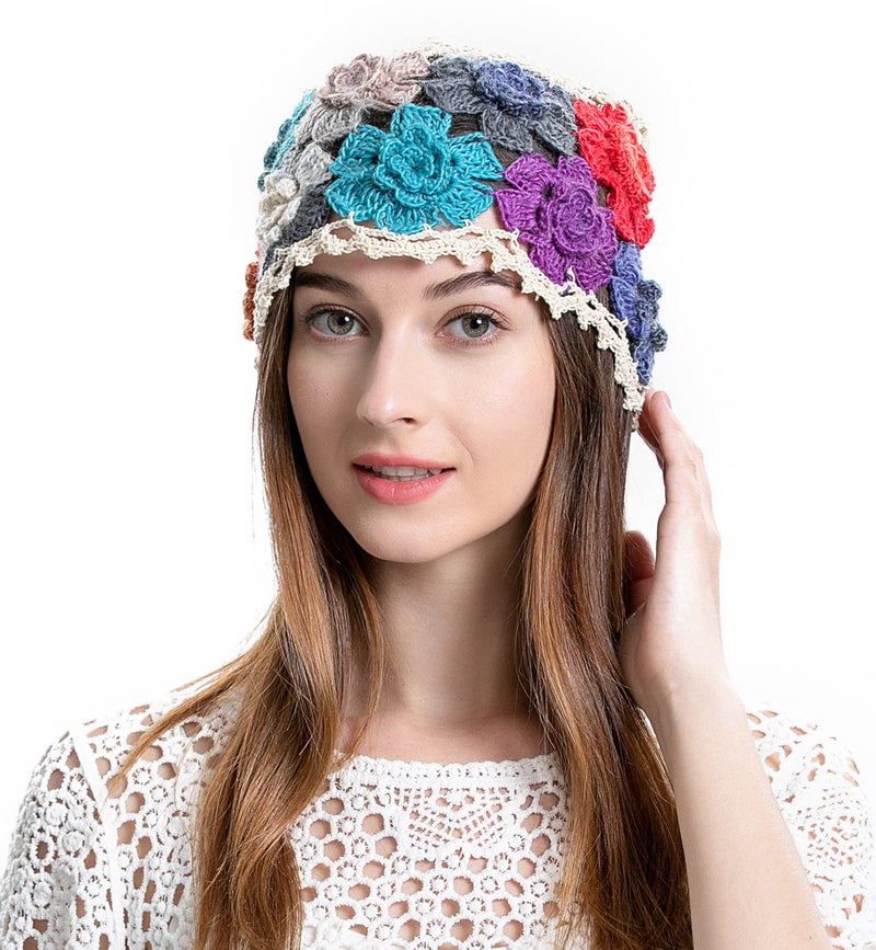 ZLYC Women Cotton Crochet Skull Cap Handmade Knit Cutout Floral Beanie Hat (Flowers Beige) - Image 1