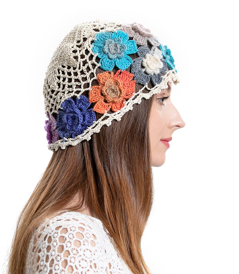 ZLYC Women Cotton Crochet Skull Cap Handmade Knit Cutout Floral Beanie Hat (Flowers Beige) - Image 4