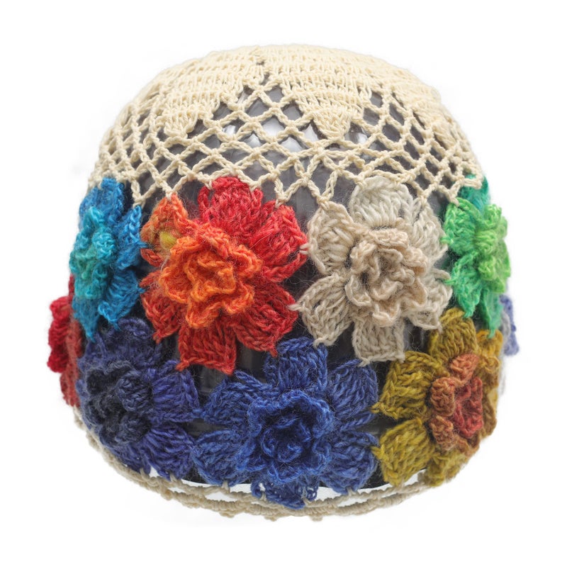 ZLYC Women Cotton Crochet Skull Cap Handmade Knit Cutout Floral Beanie Hat (Flowers Beige) - Image 5
