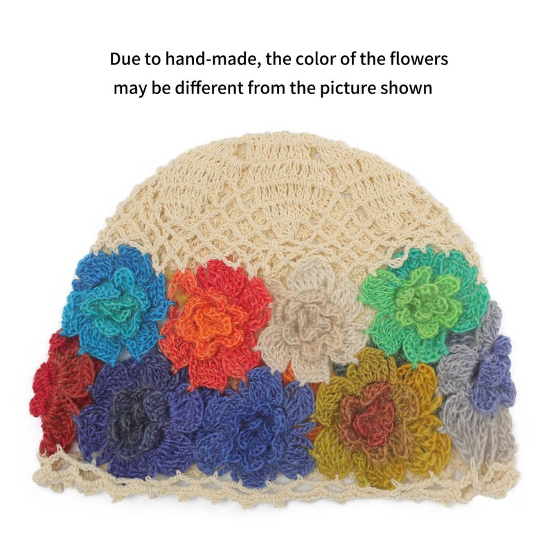 ZLYC Women Cotton Crochet Skull Cap Handmade Knit Cutout Floral Beanie Hat (Flowers Beige) - Image 2