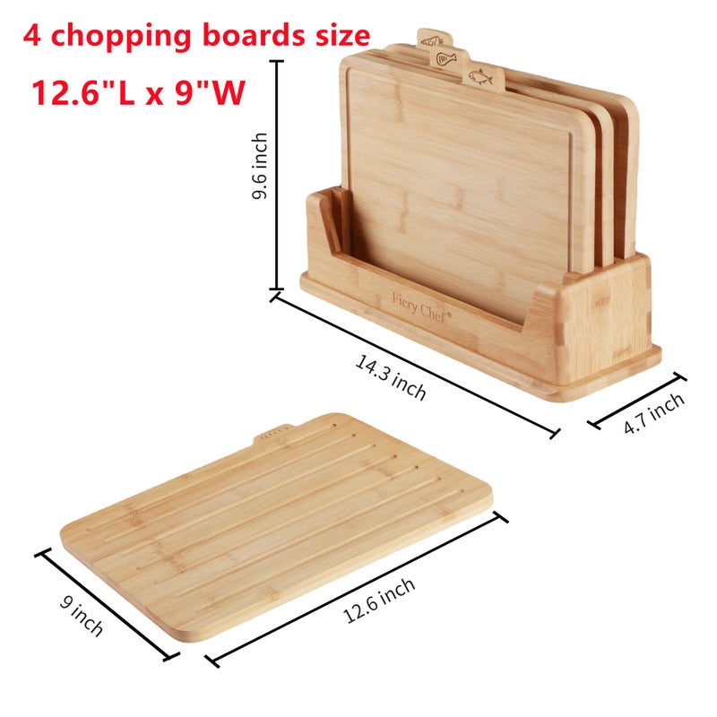 Fiery Chef مجموعة ألواح تقطيع من الخيزران 12.6"L x 9"W من فياري شيف - مجموعة ألواح خشبية مع حامل، مجموعة ألواح تقطيع مع أيقونات الطعام، أخدود للعصير - مثالية لتقطيع اللحم، السمك، الخبز، الخضار، الفواكه - Image 2