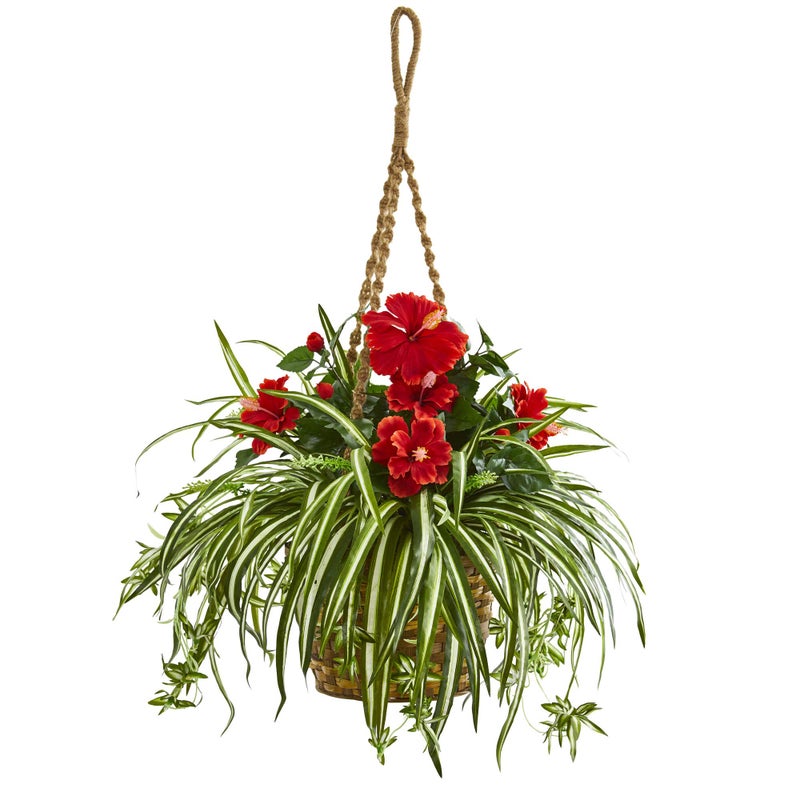 Nearly Natural Nearly Natural Hibiscus  Spider Artificial Hanging Basket Silk Plants Red 